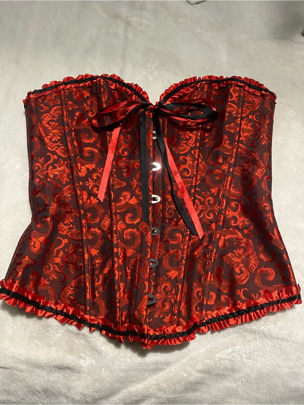Red Brocade Satin Corset Top with Ribbon Tie